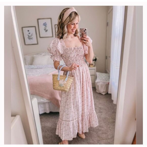ANTONIO MELANI Dresses & Skirts - ANTONIO MELANI X BORN ON FIFTH Lottie Pink Floral Midi Dress Size 4 Puff Sleeve